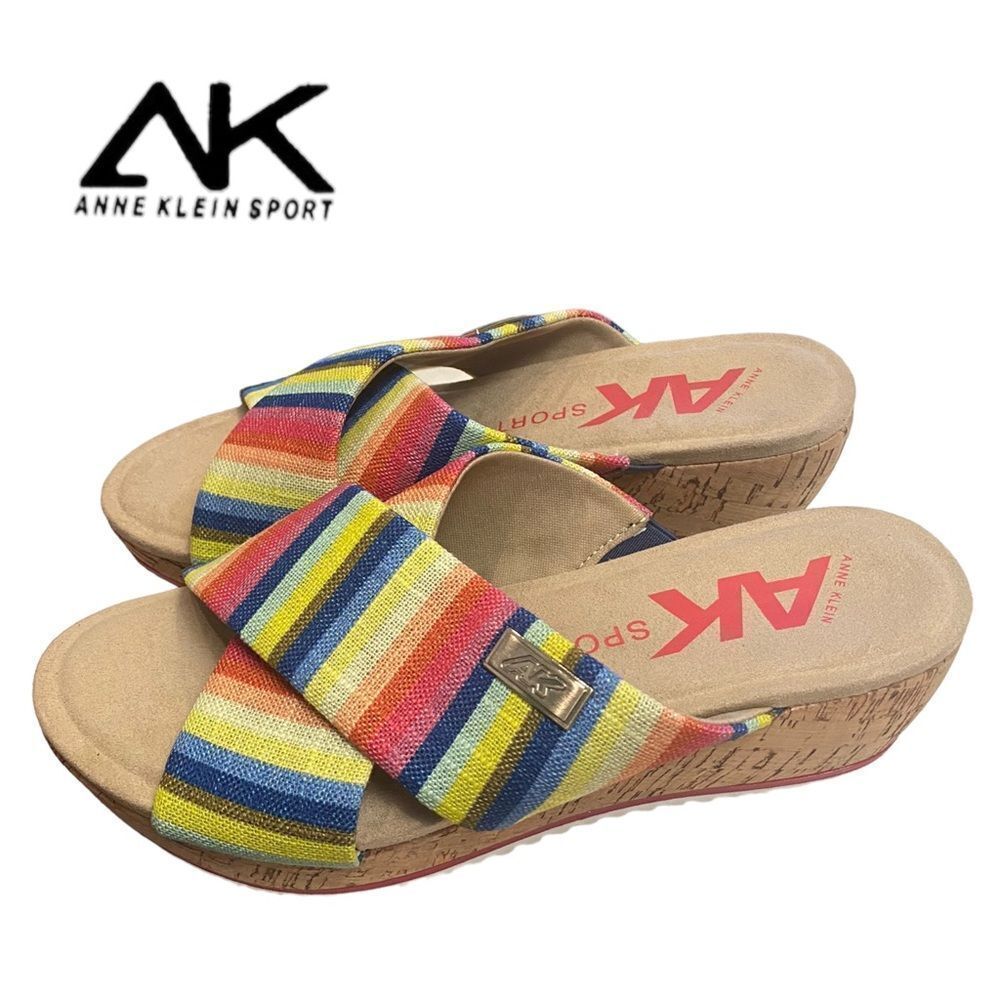 Anne Klein Sport Multicolor Stripe Wedge Sandals — Yellow Blue Red